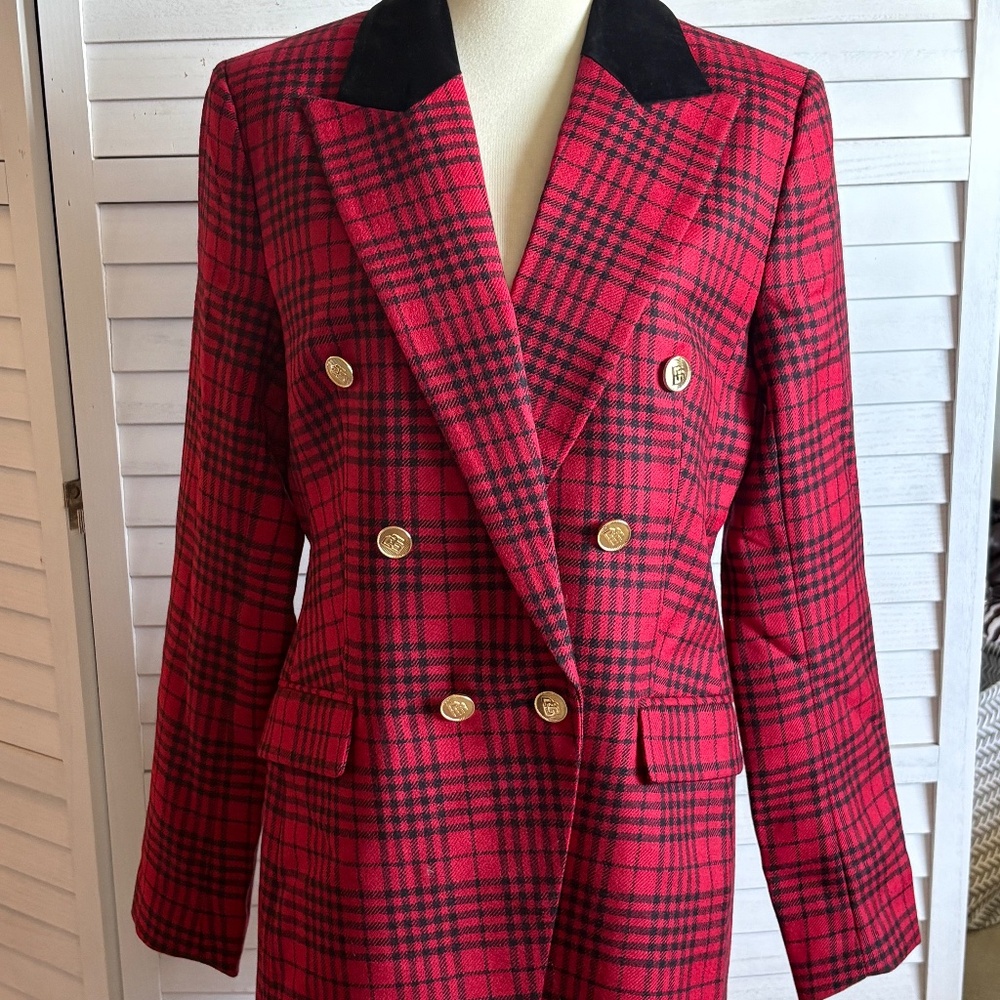 Banana Republic Women's Tartan Plaid Captain's Blazer Wool/Velvet Nautical